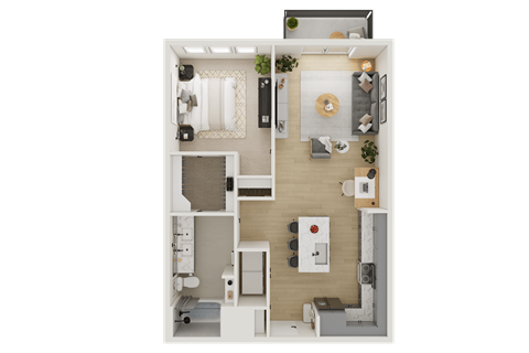 A top-down view of a small, neatly organized apartment with a kitchen, living room, and bathroom.